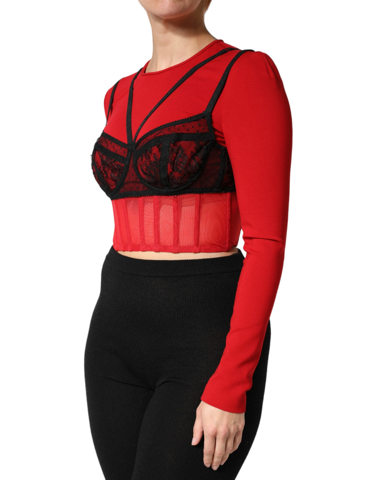 New Dolce & Gabbana Red Black Nylon Bralette-Style Cropped Top