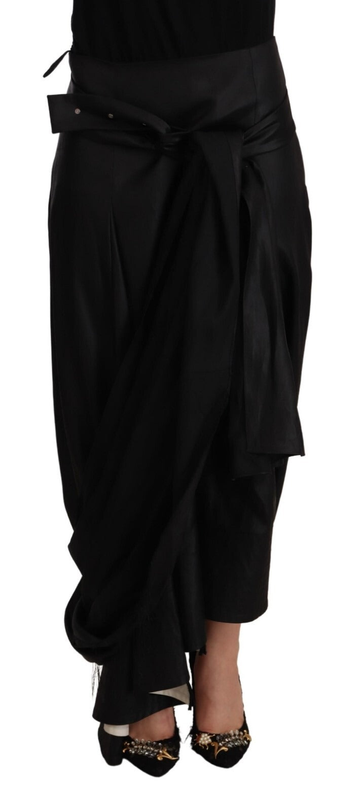 Celine Acetate Black High Waist Wrap Style Asymmetric Skirt