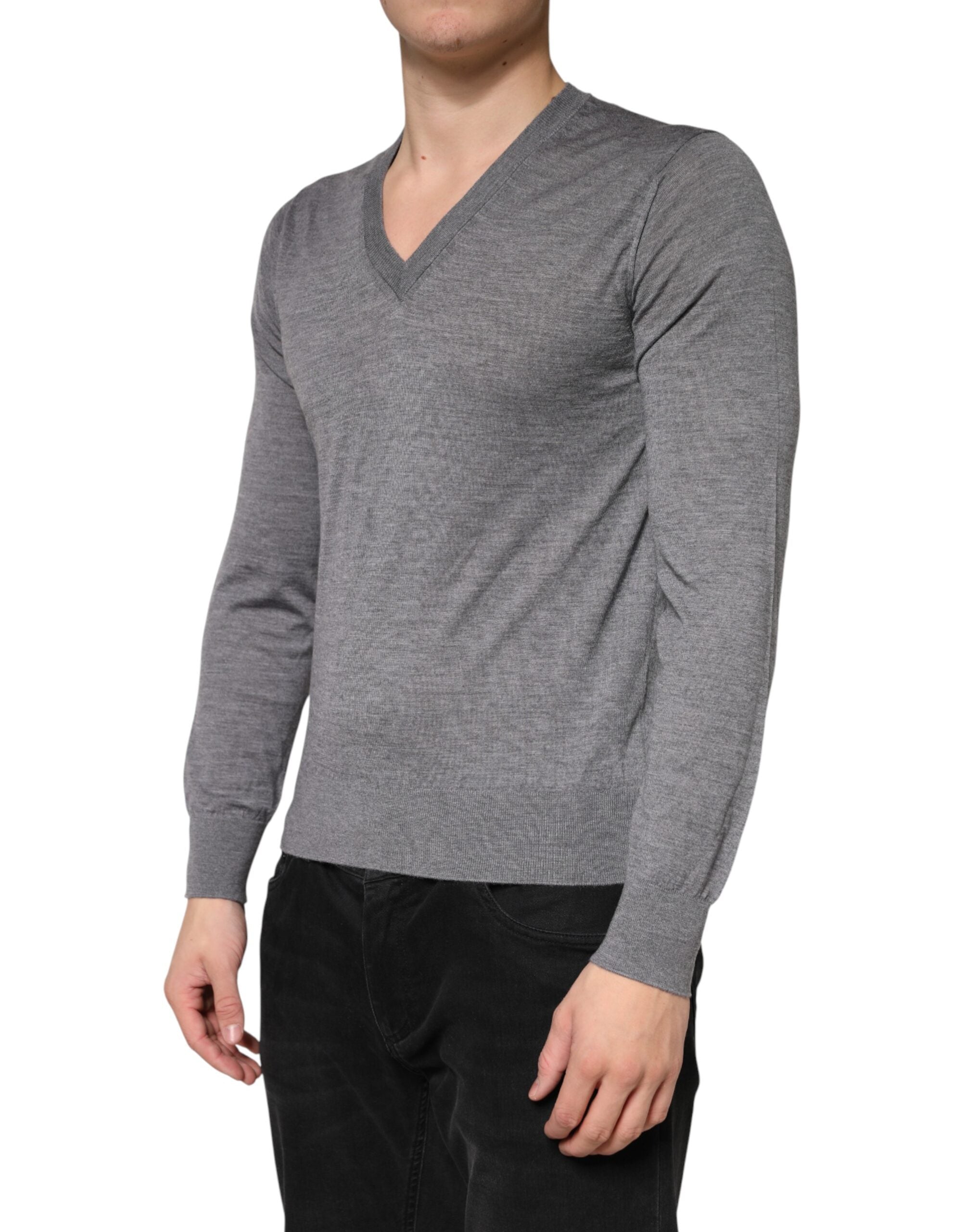 Dolce & Gabbana Gray Cashmere V-Neck Men Pullover Sweater