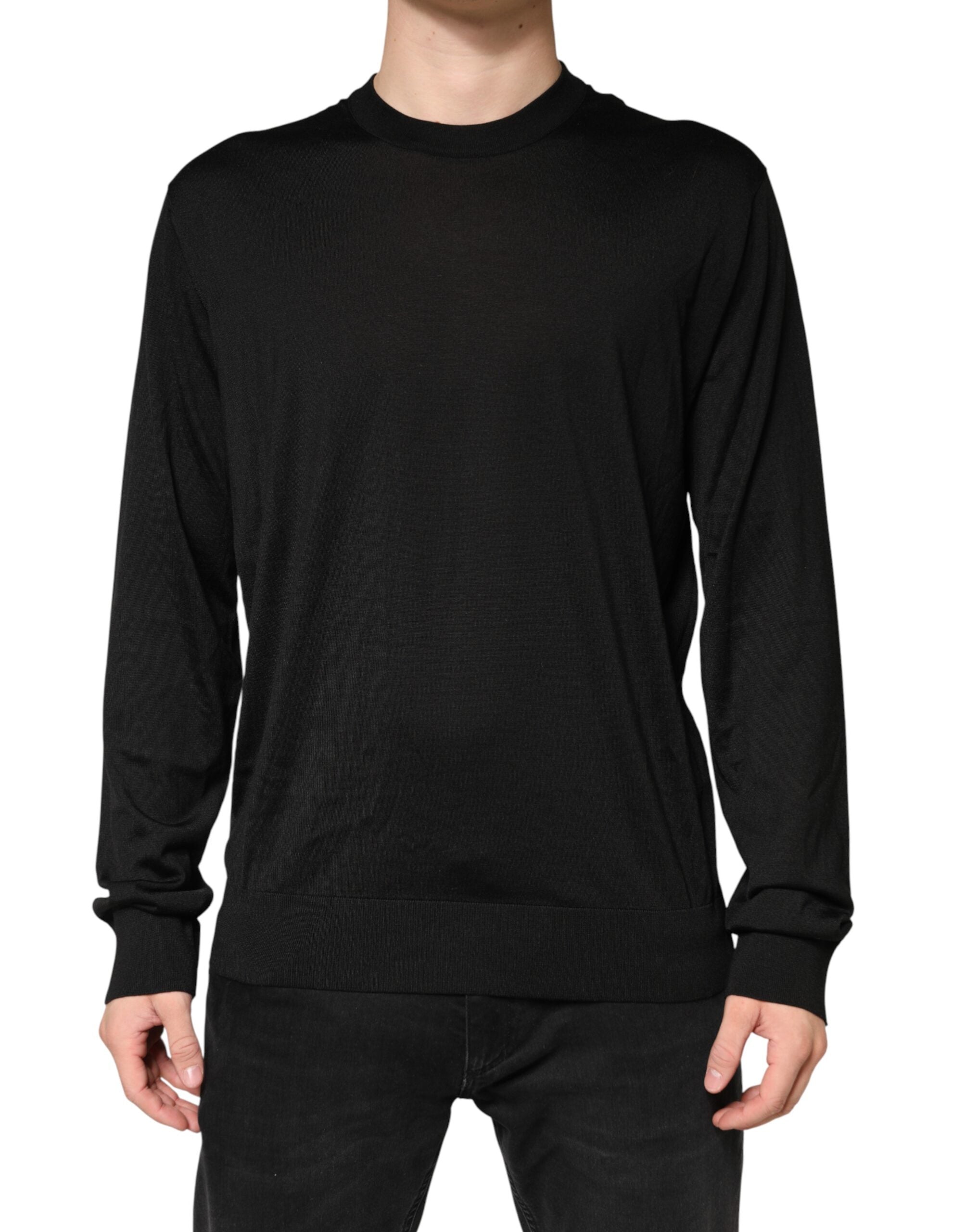 New Dolce & Gabbana Black Silk Men Crew Neck Pullover Sweater