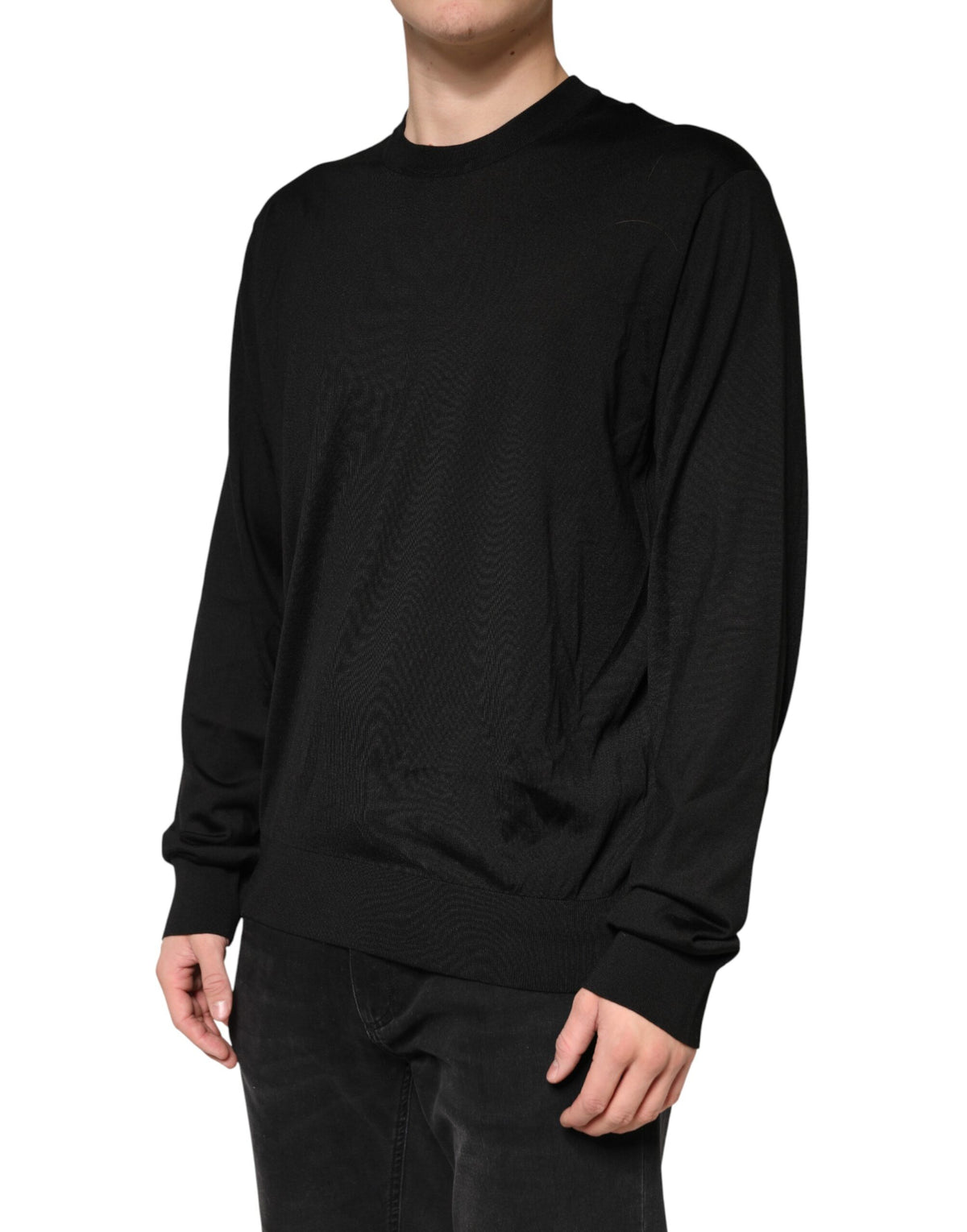 New Dolce & Gabbana Black Silk Men Crew Neck Pullover Sweater