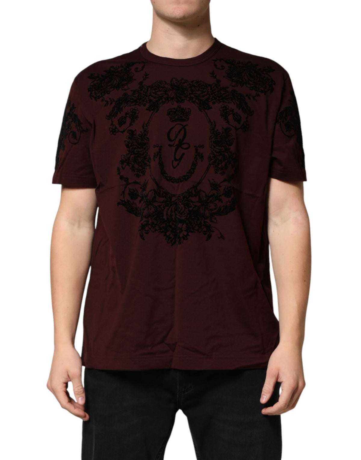 Dolce & Gabbana Maroon DG Crown Floral Crewneck Men T-shirt
