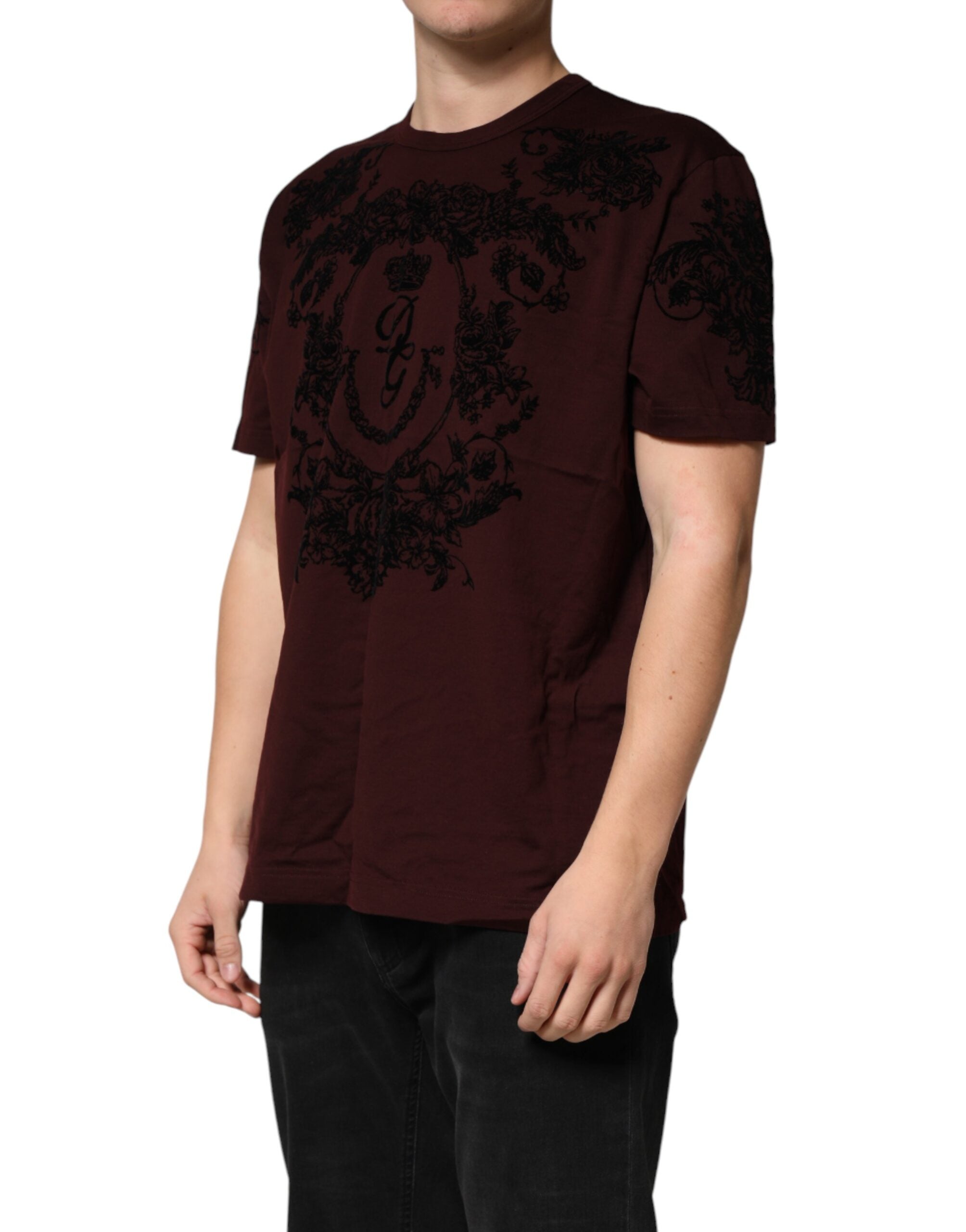 Dolce & Gabbana Maroon DG Crown Floral Crewneck Men T-shirt