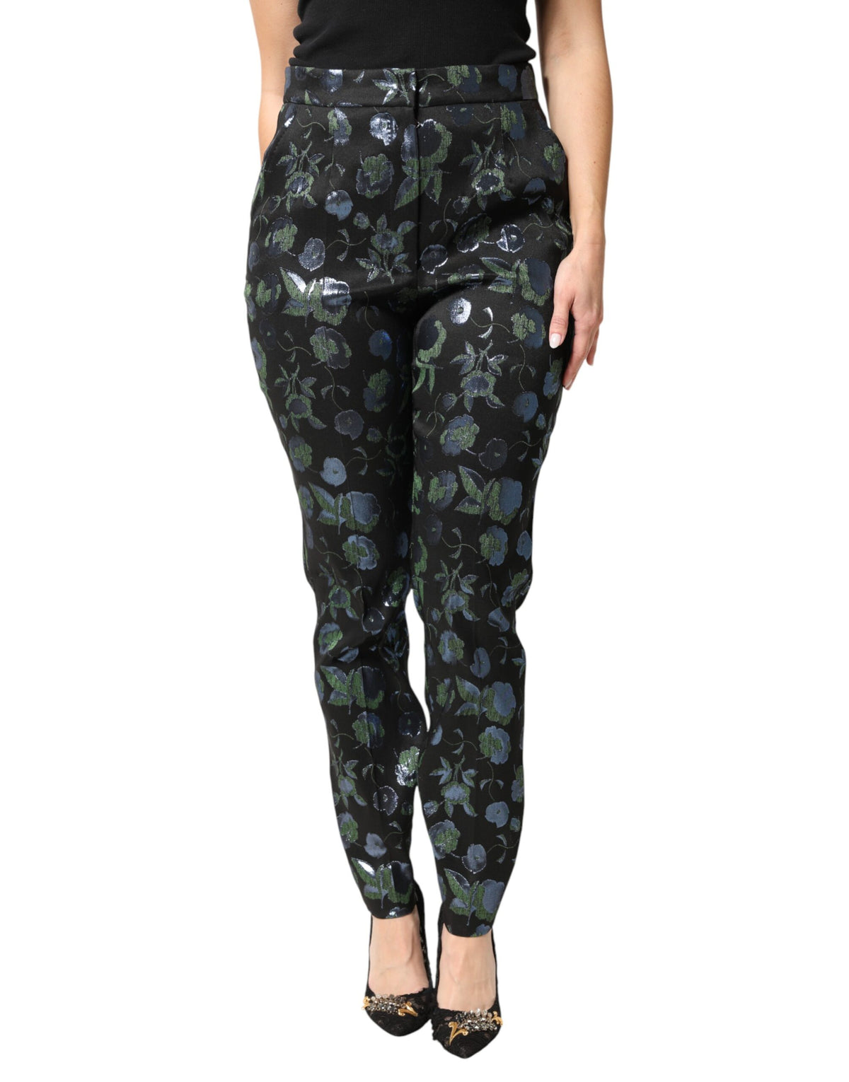 New Dolce & Gabbana BlueGreen Floral Metallic Slim Trouser Pants