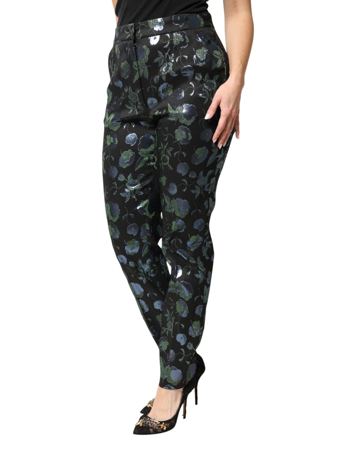 New Dolce & Gabbana BlueGreen Floral Metallic Slim Trouser Pants