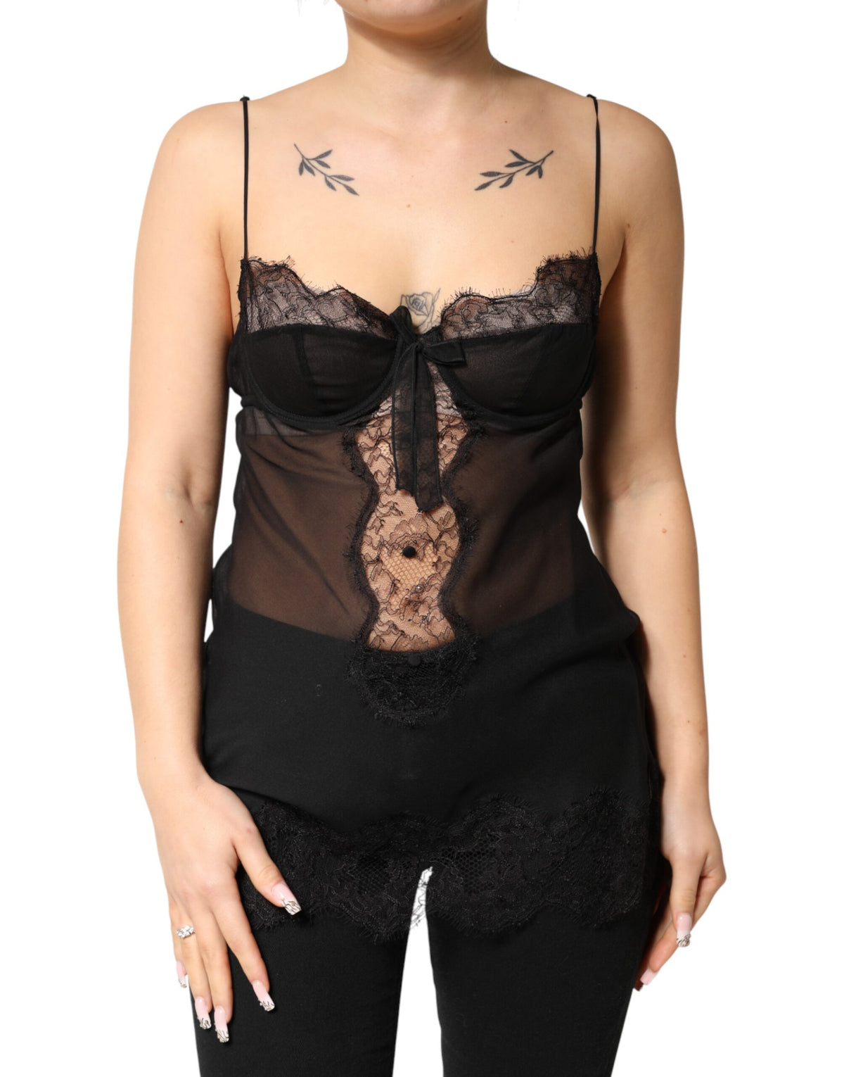 New Dolce & Gabbana Black Silk Floral Lace Chemise Lingerie Top