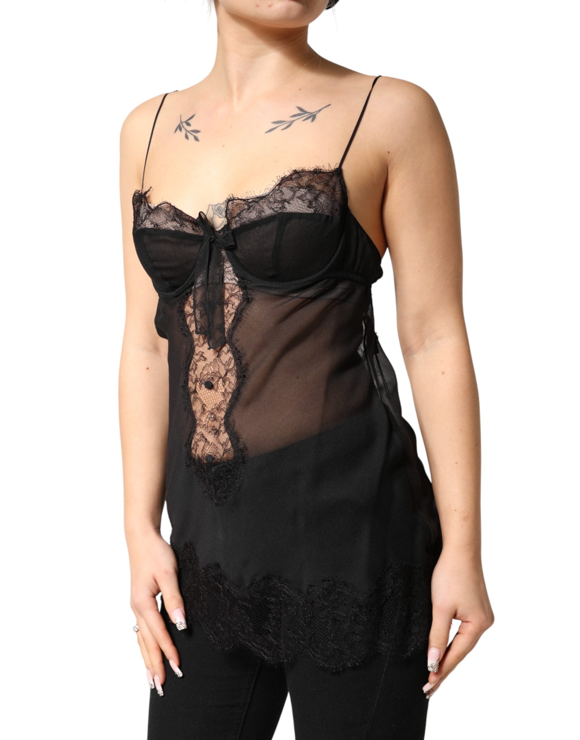 New Dolce & Gabbana Black Silk Floral Lace Chemise Lingerie Top