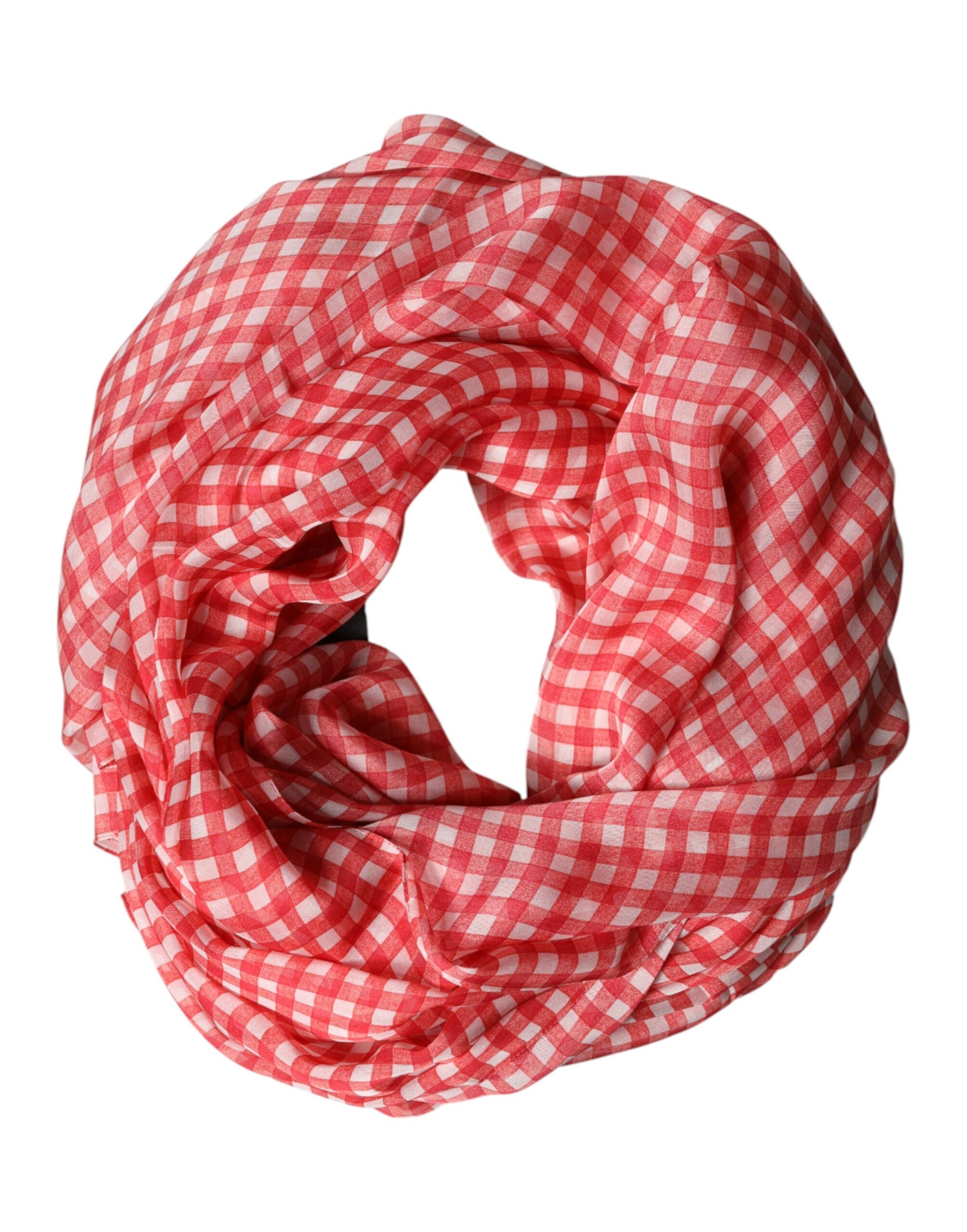 New Dolce & Gabbana Red Checkered Silk Neck Wrap Shawl Scarf