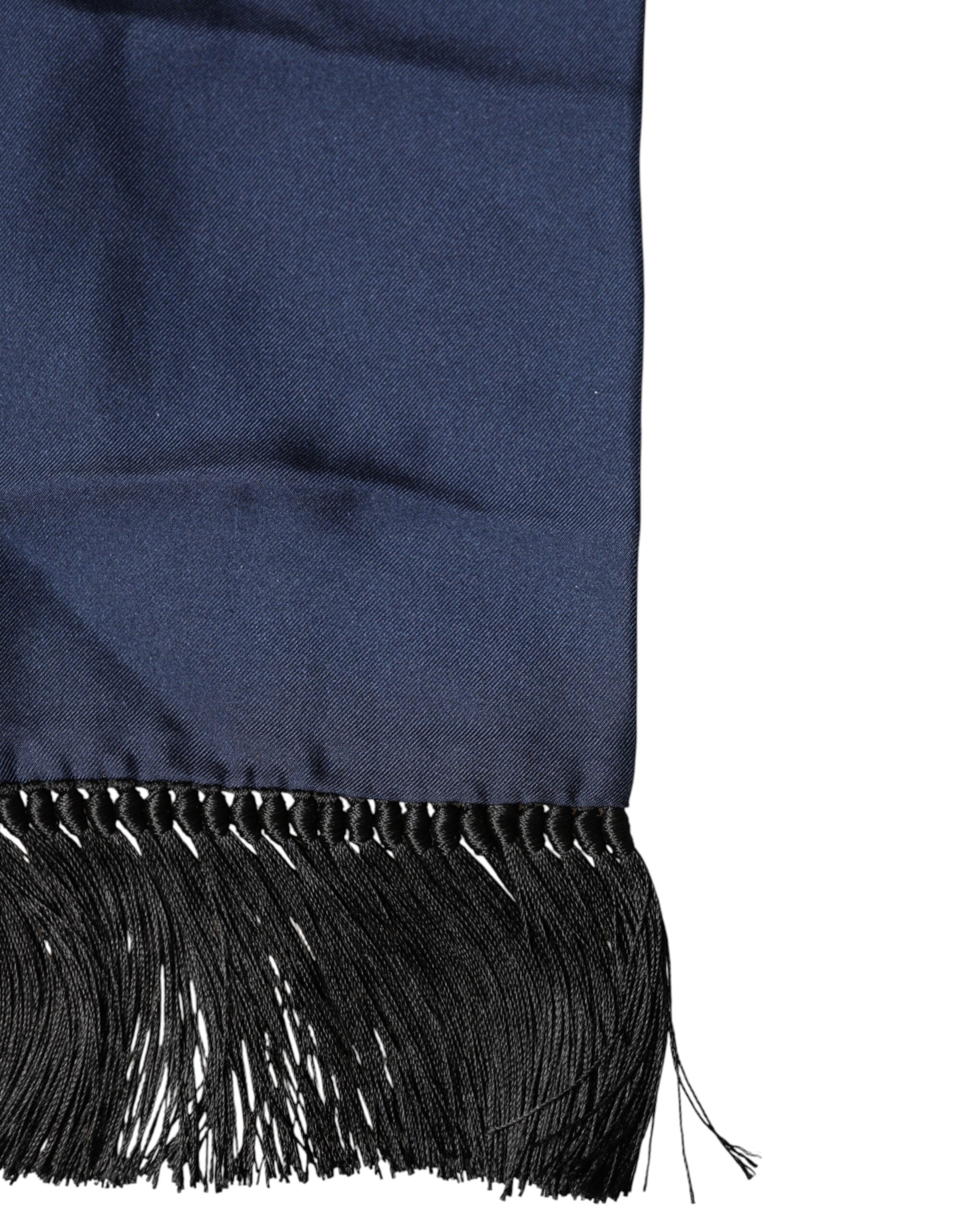 New Dolce & Gabbana Navy Blue Silk Fringes Neck Foulard Scarf
