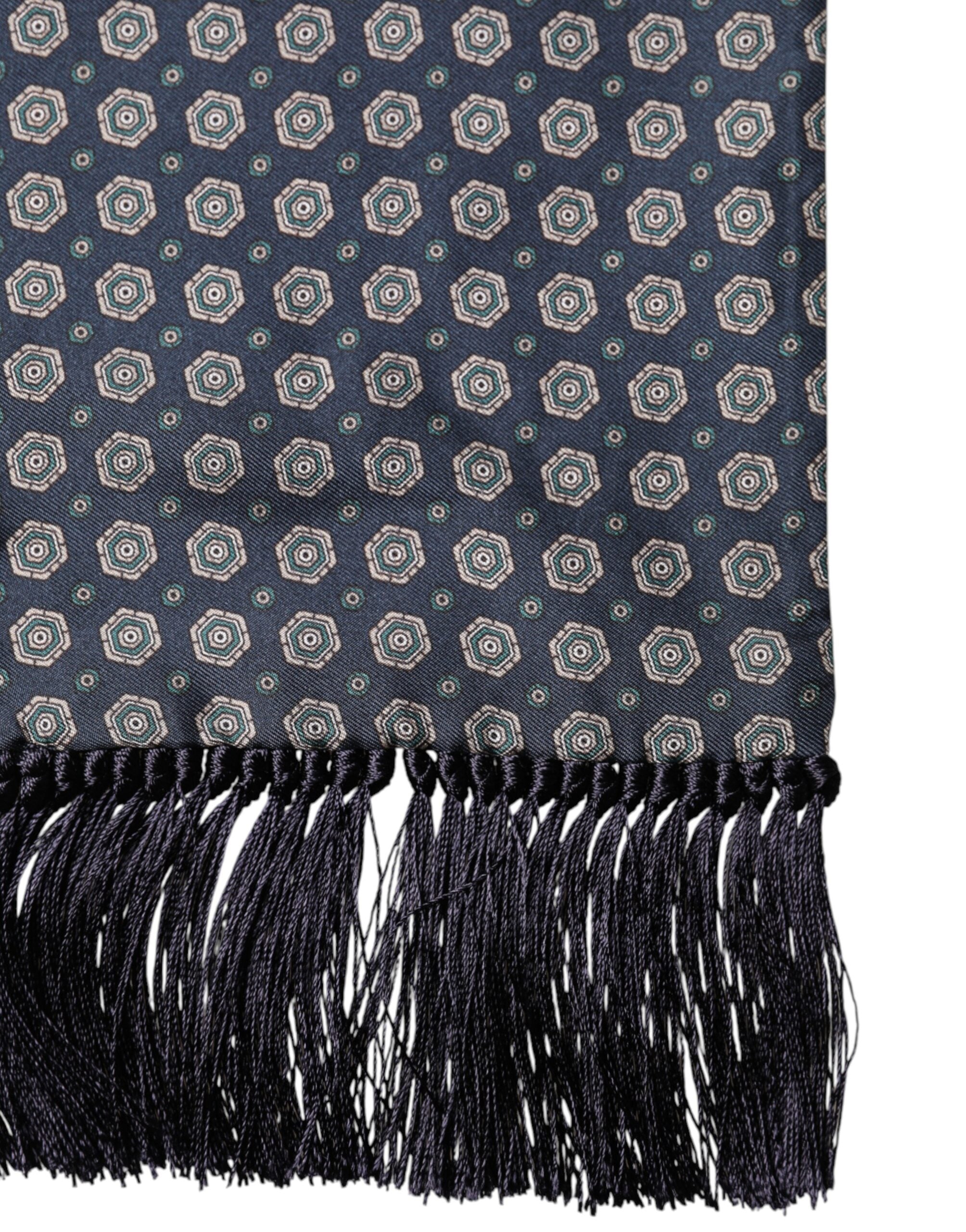 New Dolce & Gabbana Blue Patterned Silk Fringes Foulard 138cm x 15.5cm Scarf