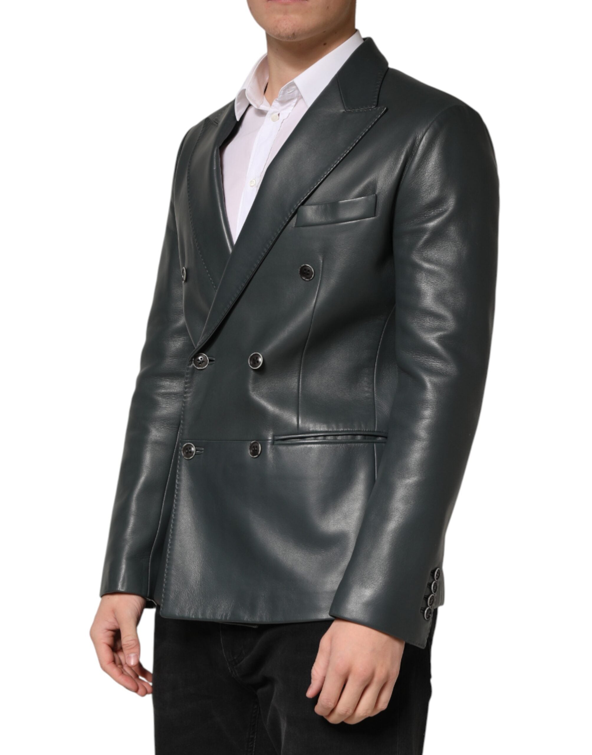 Dolce & Gabbana Dark Gray Leather Double Breasted 2Button Blazer