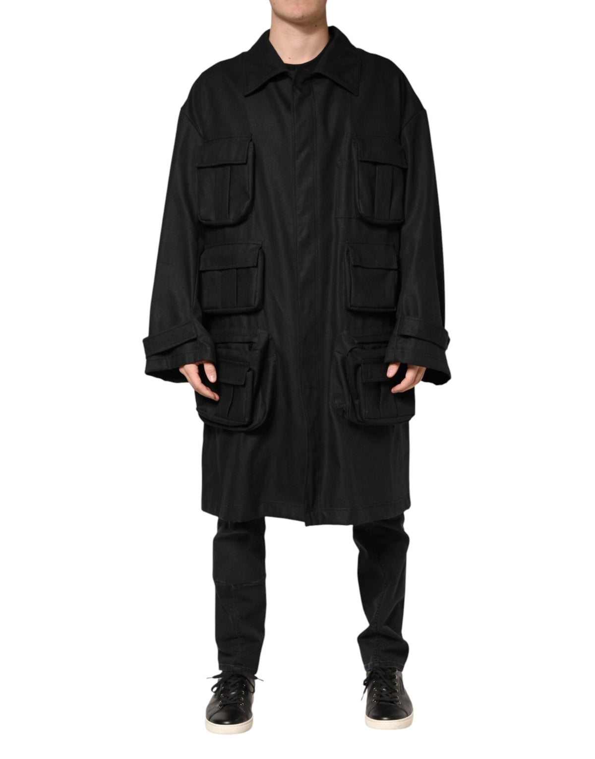 New Dolce & Gabbana Black Pockets Collared Trench Coat Jacket