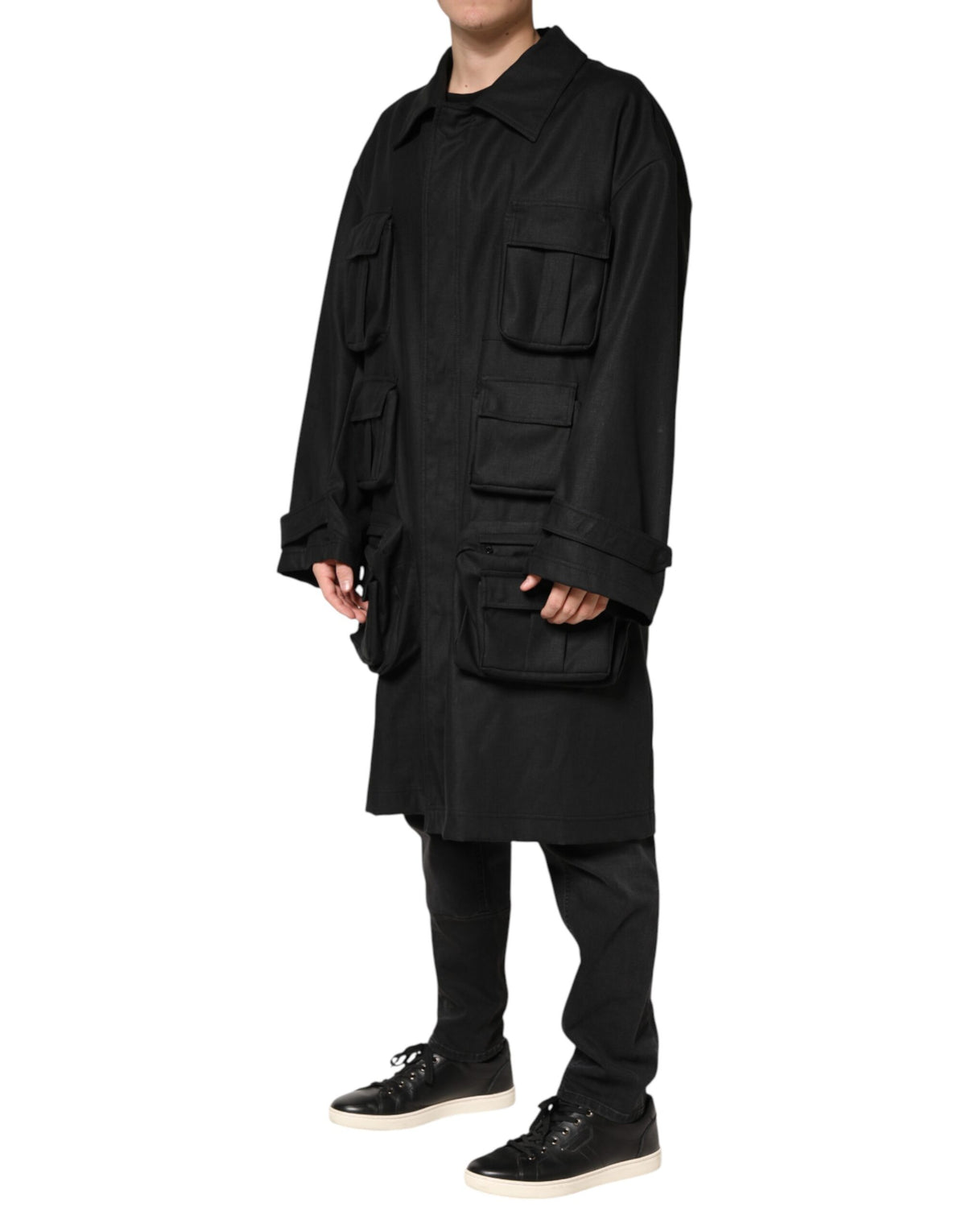 New Dolce & Gabbana Black Pockets Collared Trench Coat Jacket