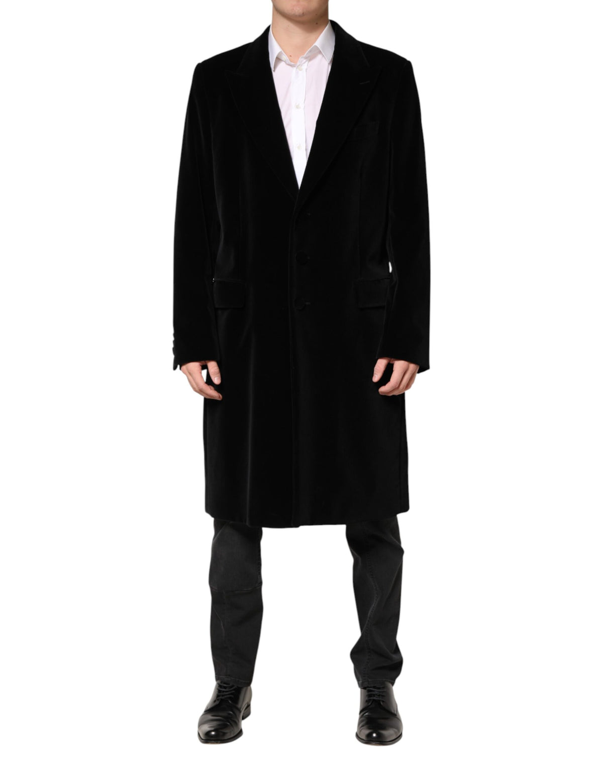 New Dolce & Gabbana Black Cotton Velvet Long Trench Coat Jacket