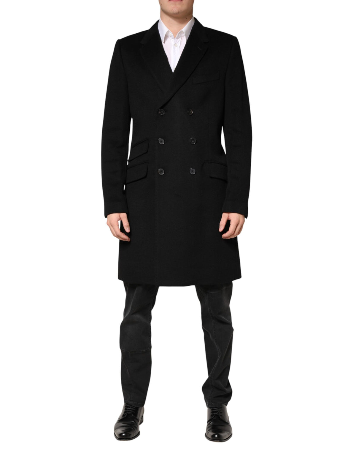 New Dolce & Gabbana Black Wool Double Breasted TrenchCoat Jacket