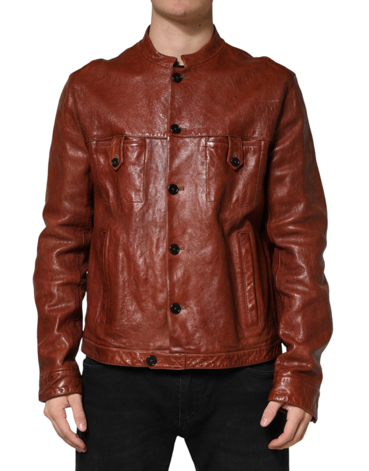 New Dolce & Gabbana Brown Leather Button Down Men Biker Jacket