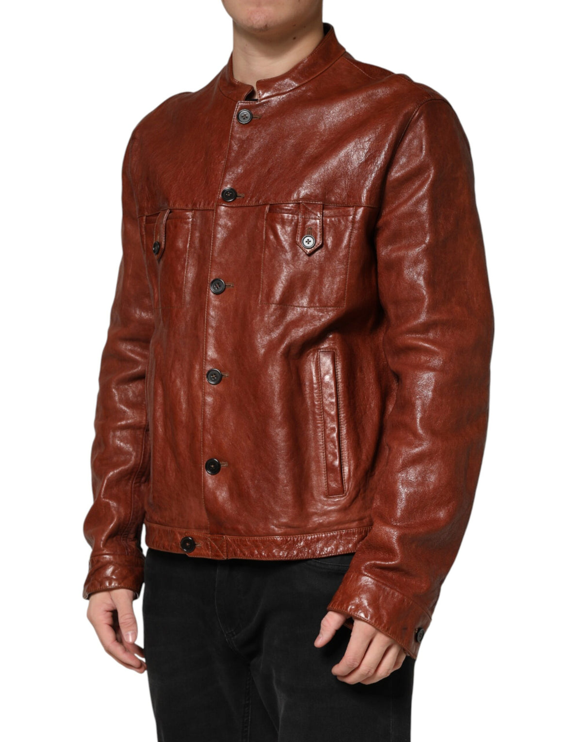 New Dolce & Gabbana Brown Leather Button Down Men Biker Jacket