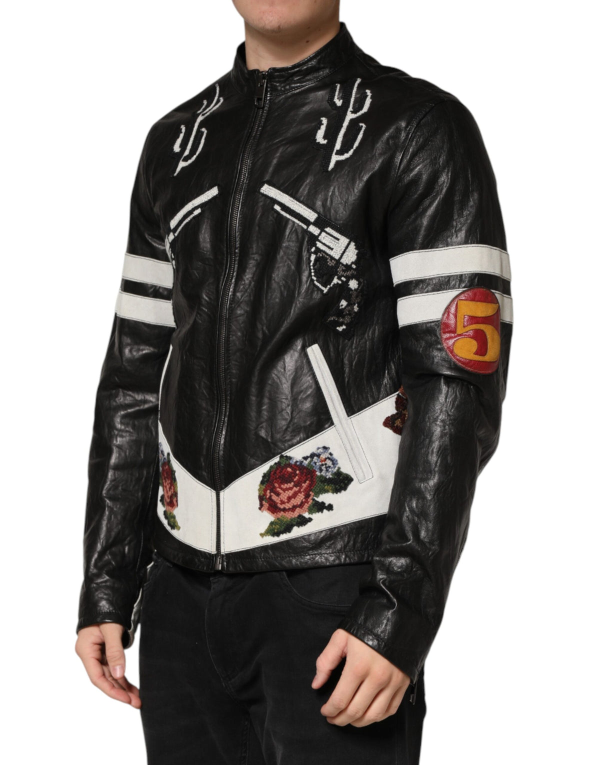 New Dolce & Gabbana Black Guns n' Roses FullZip Men Biker Jacket