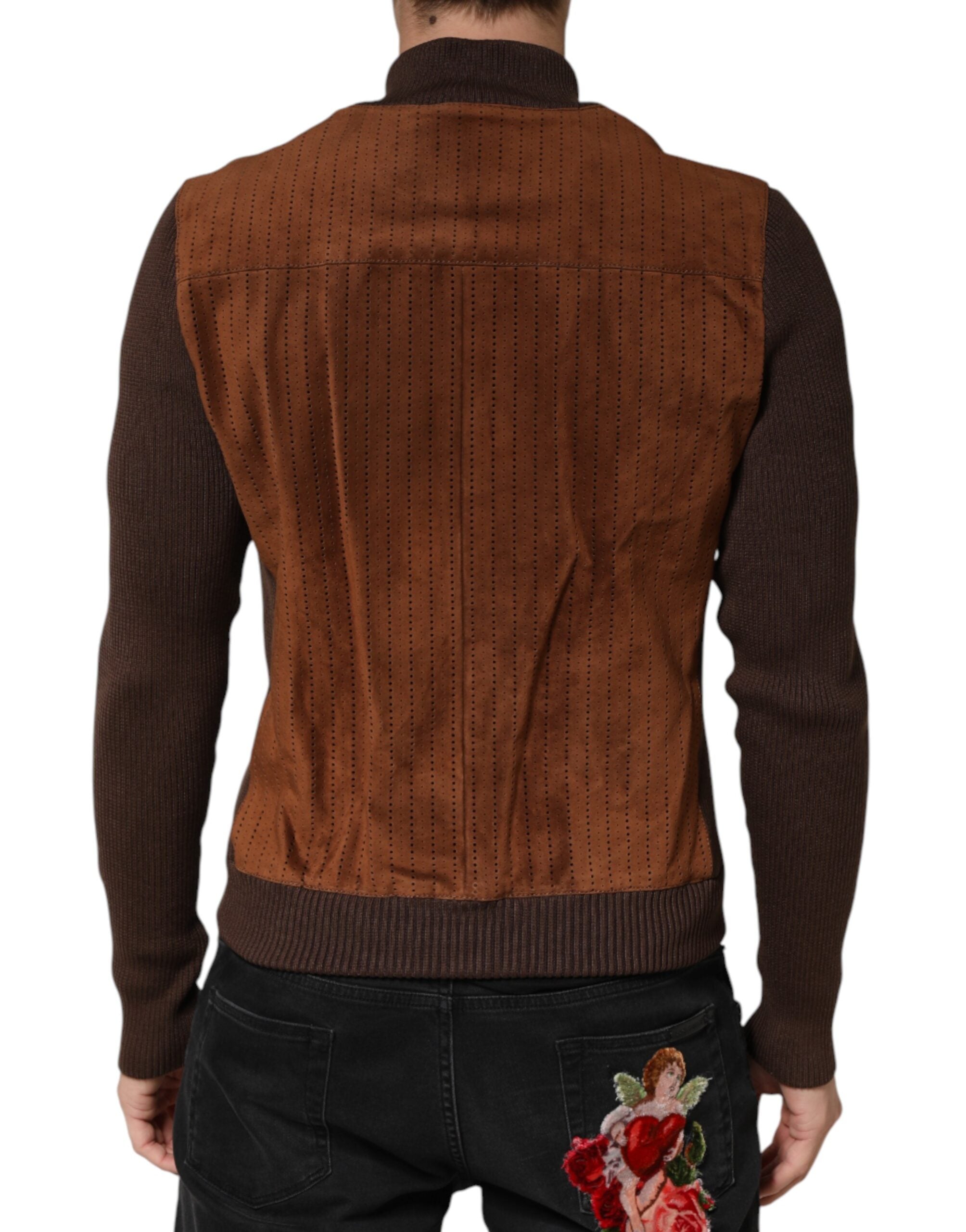 New Dolce & Gabbana Brown Velvet Calfskin Full Zip Biker Jacket