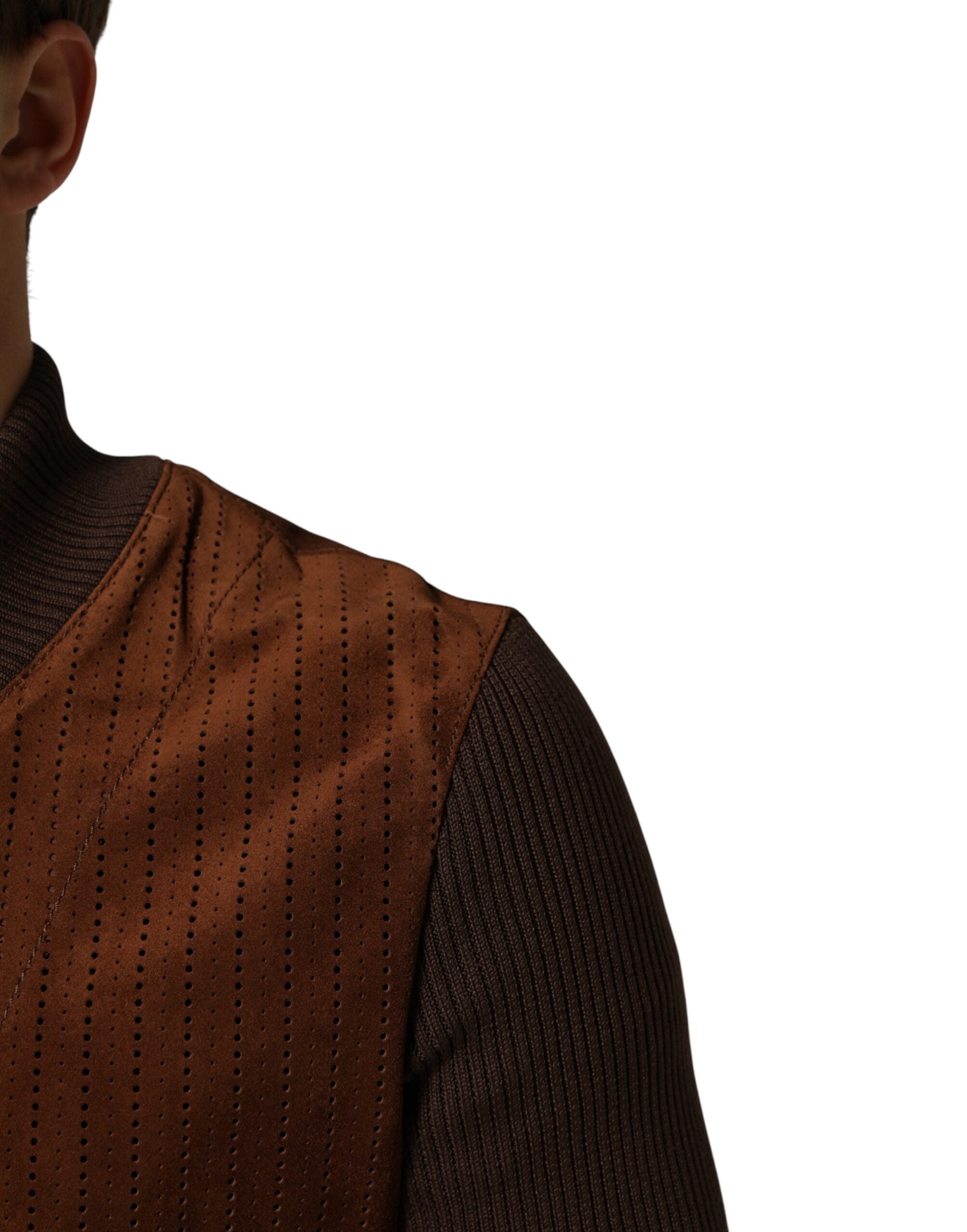 New Dolce & Gabbana Brown Velvet Calfskin Full Zip Biker Jacket