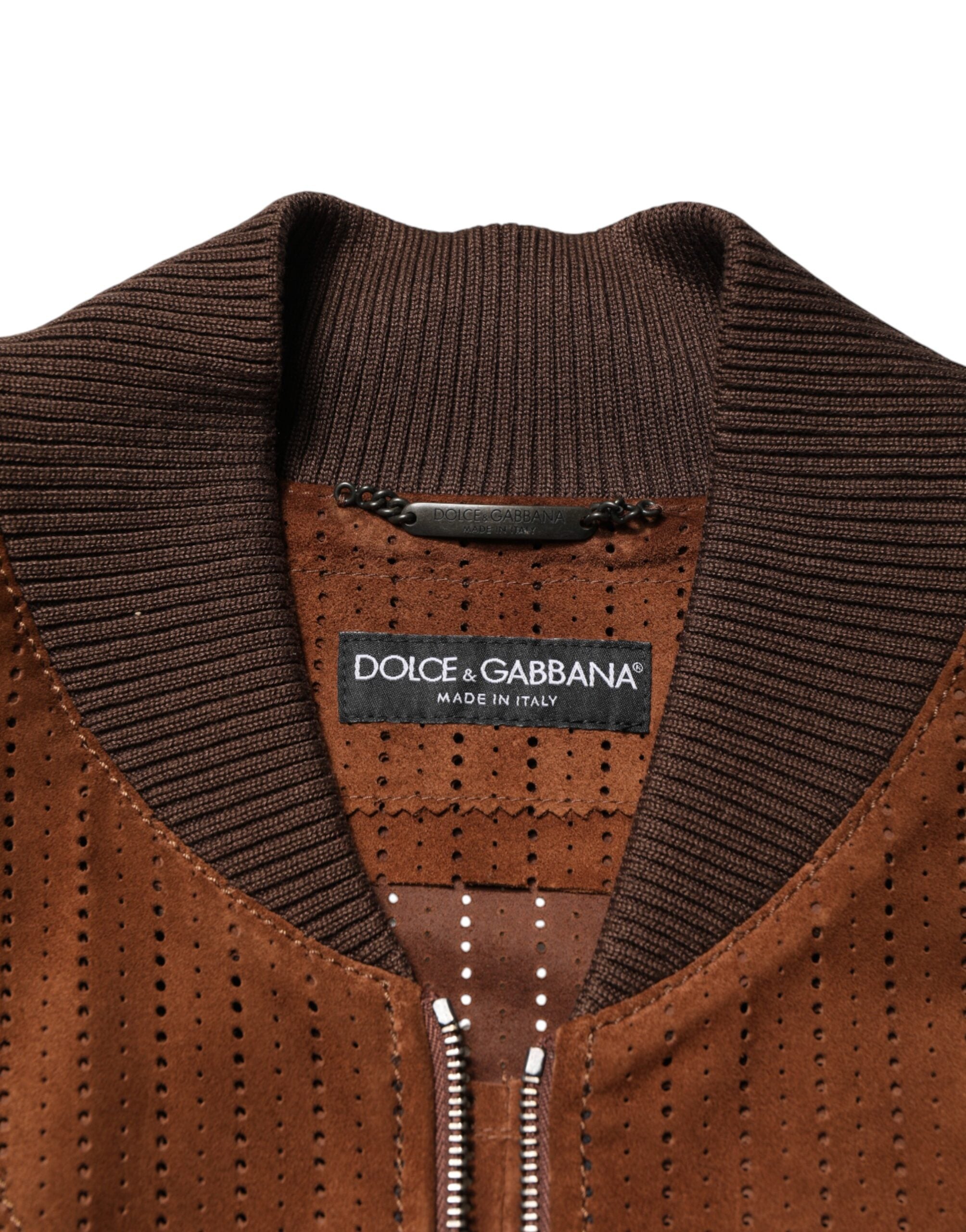 New Dolce & Gabbana Brown Velvet Calfskin Full Zip Biker Jacket