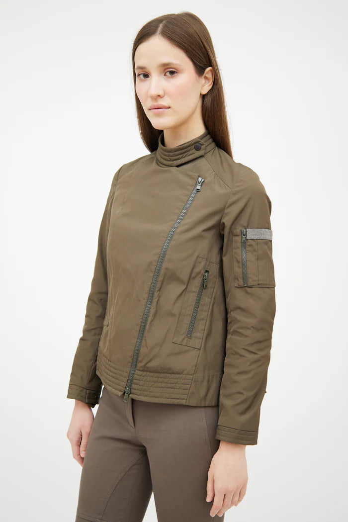 Brunello Cucinelli Olive Green Nylon Monilli Trim Jacket