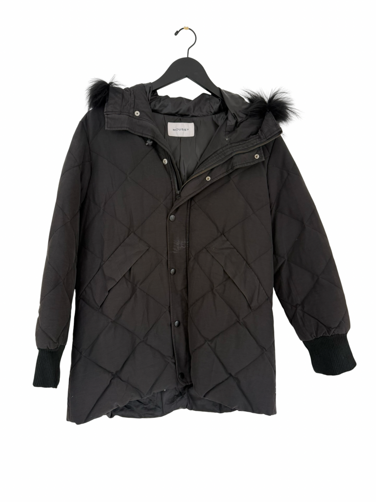 Moussy Black Quilted Jacket with Fur Hood