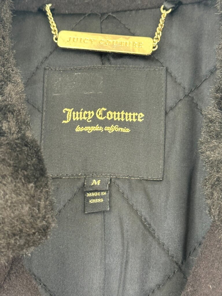 Juicy Couture Black Wool Blend Coat with Faux Fur Collar