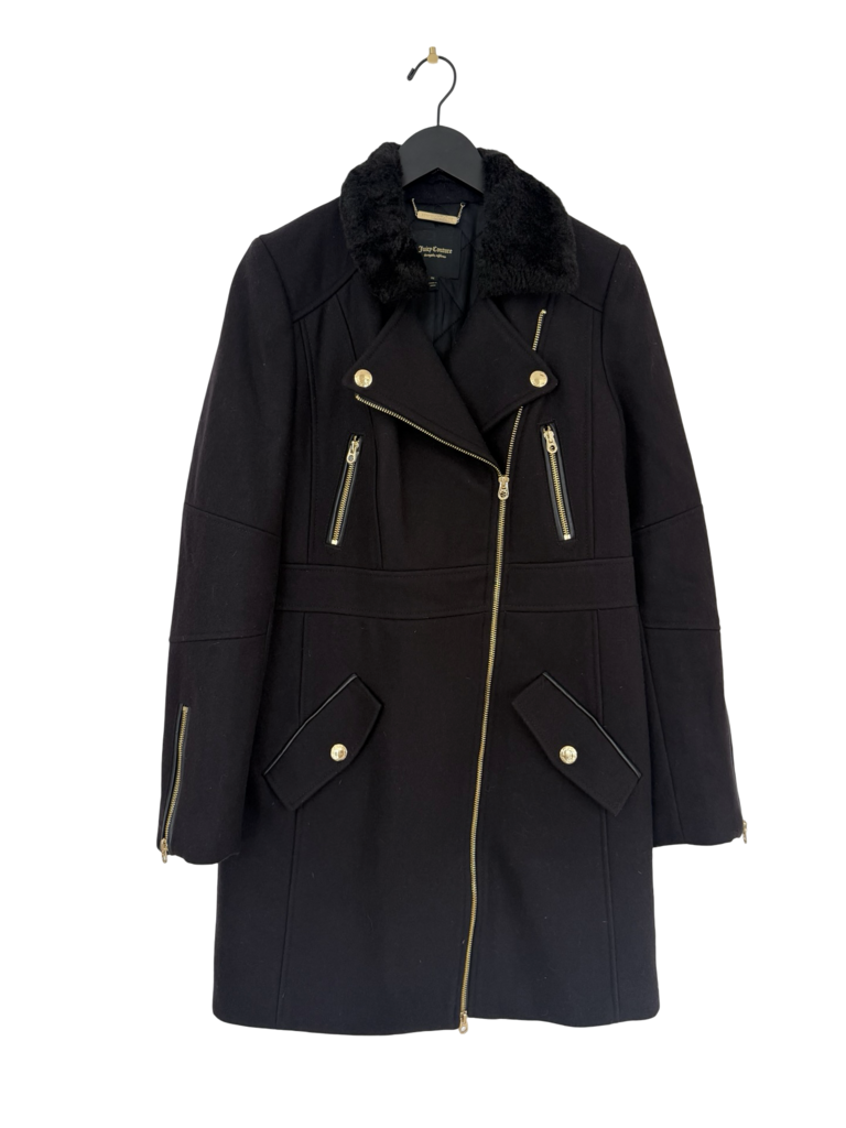Juicy Couture Black Wool Blend Coat with Faux Fur Collar