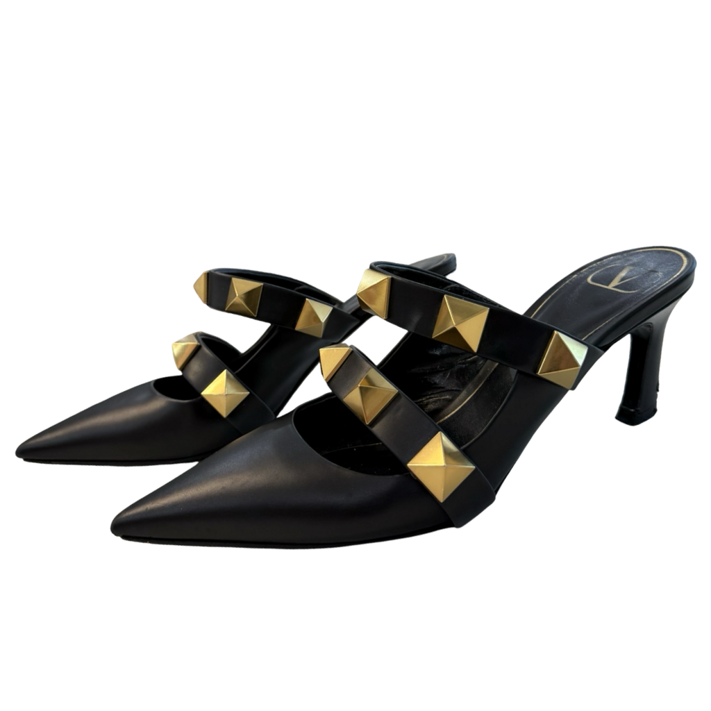 Valentino Garavani Black Gold Studded Heeled Mules