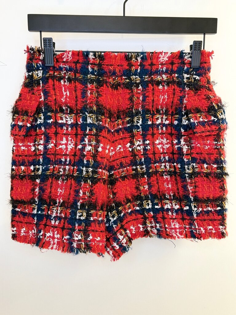 Pre-Owned Balmain Red and Navy Tweed High-Waisted Shorts