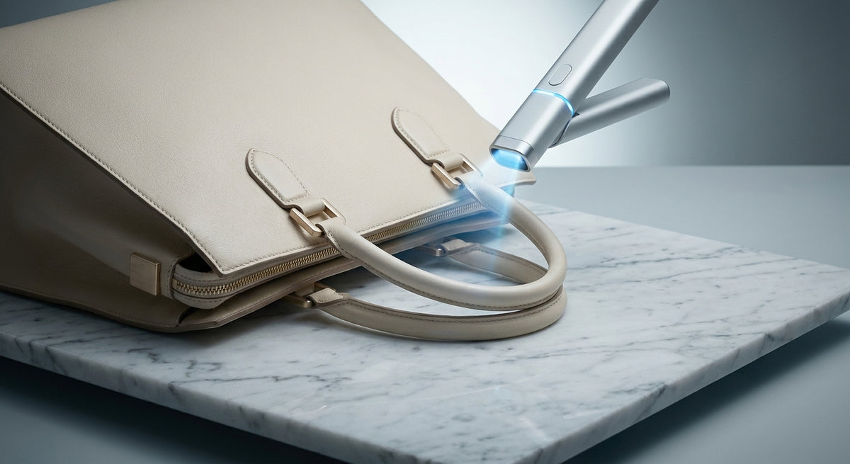 A luxury designer handbag on a marble surface being scanned by an AI authentication device emitting a soft luminous glow.