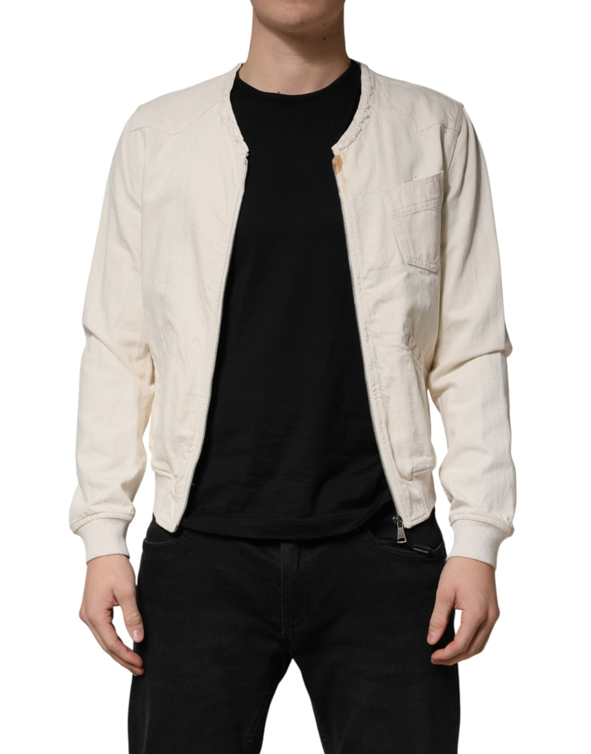 Dolce & Gabbana Off White Cotton Full Zip Denim Men Blouson Jacket