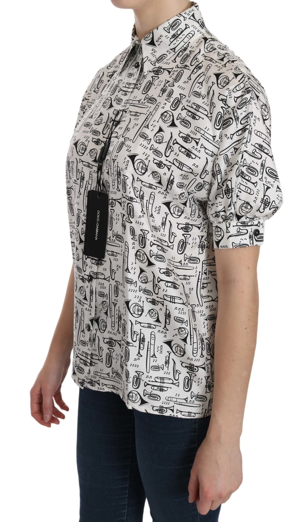 Dolce & Gabbana White Musical Instrument Collared Blouse  Shirt - PreLoved & Luxe