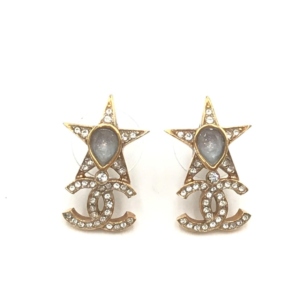 Chanel Gold Plated Star Coco Mark Earrings With Rhinestones - PreLoved & Luxe