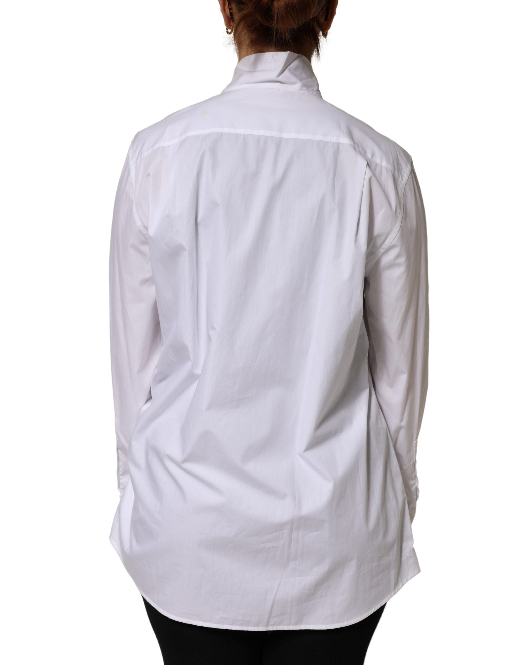 Dolce & Gabbana White Cotton Bow Tie Long Sleeves Blouse Top