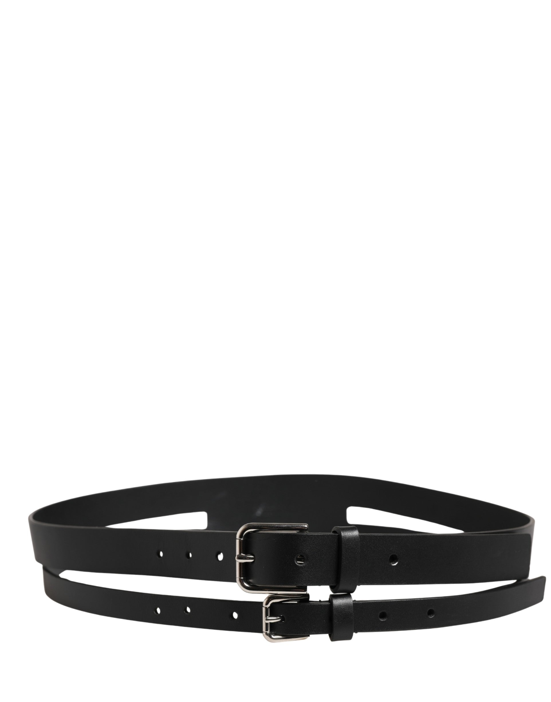 Pre-Owned Dolce & Gabbana Black Double Strap Leather Silver Buckle Belt