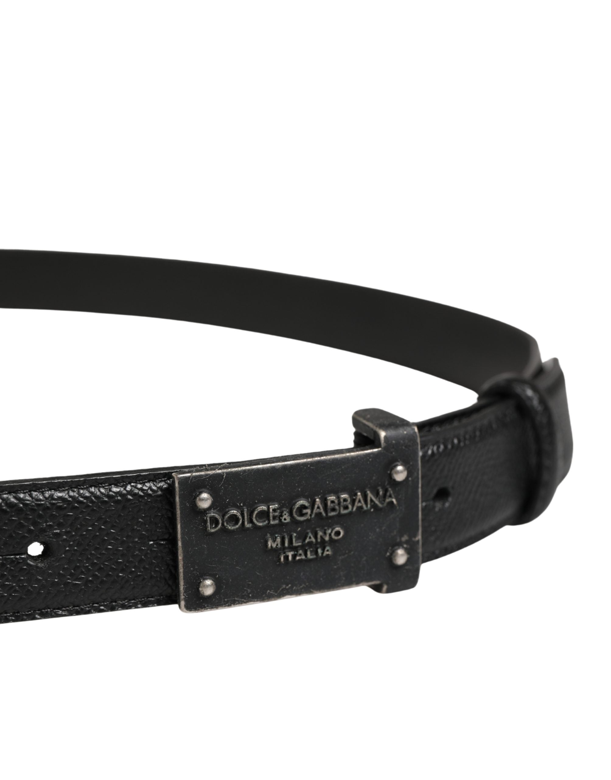 Pre-Owned Dolce & Gabbana Men Black Calf Leather Logo Metal Buckle Belt