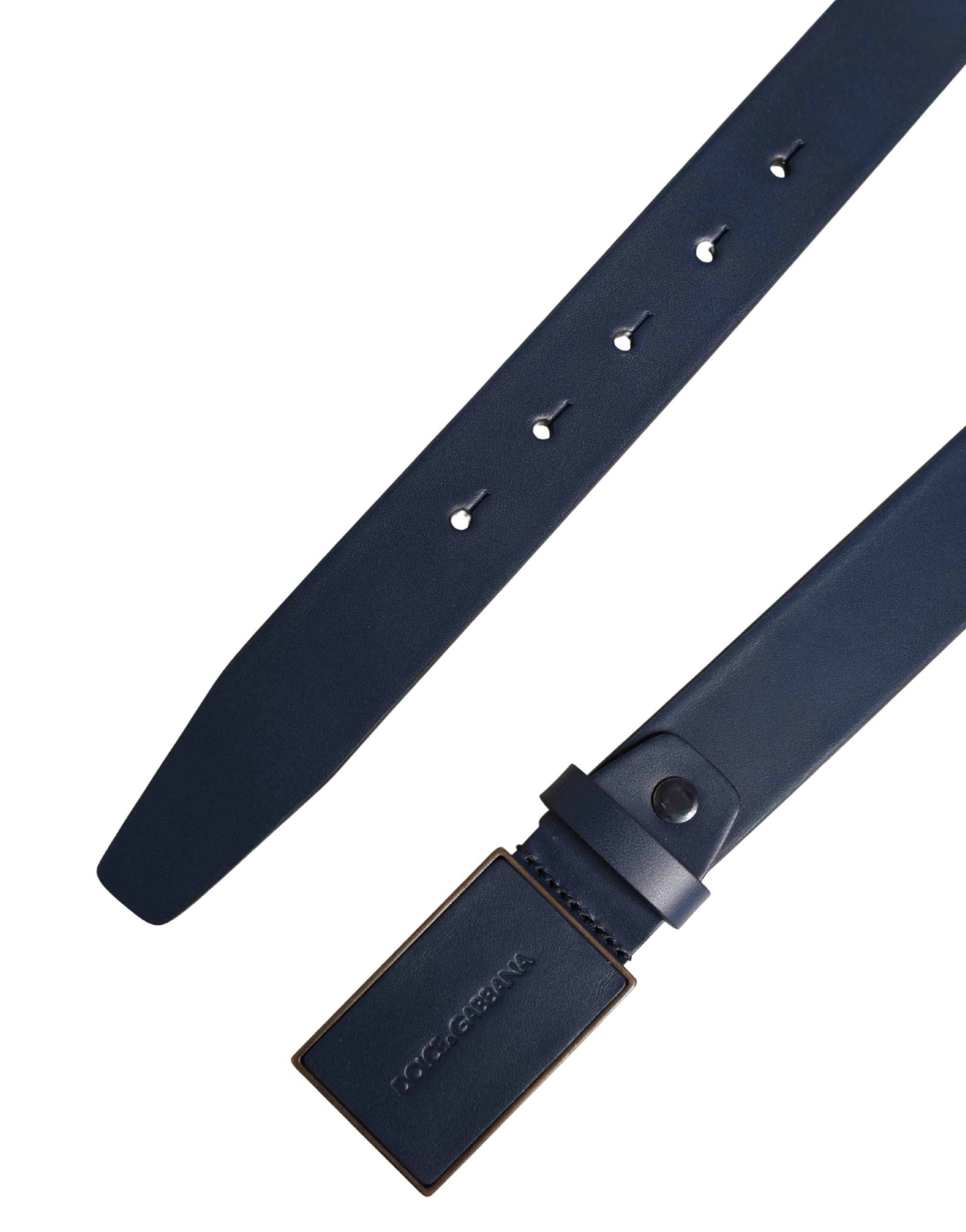 Pre-Owned Dolce & Gabbana Men Blue Calf Leather Logo Metal Buckle Belt