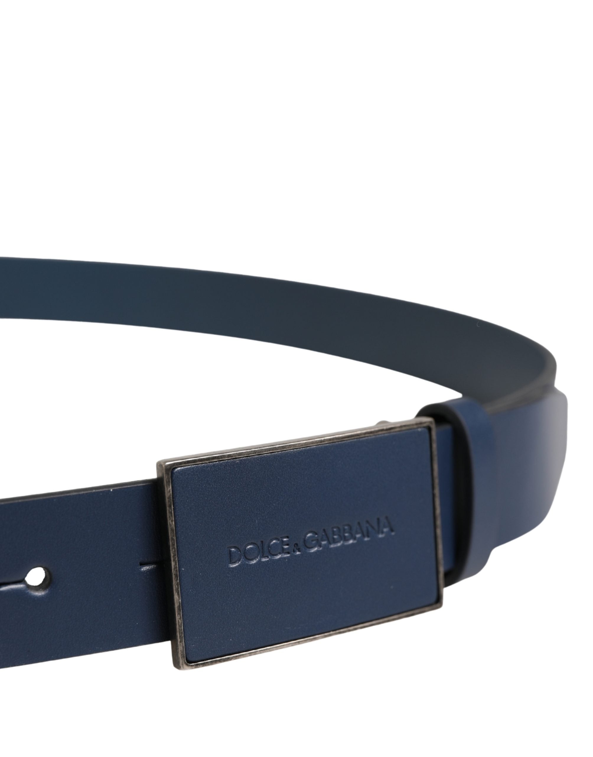 Pre-Owned Dolce & Gabbana Men Blue Calf Leather Logo Metal Buckle Belt