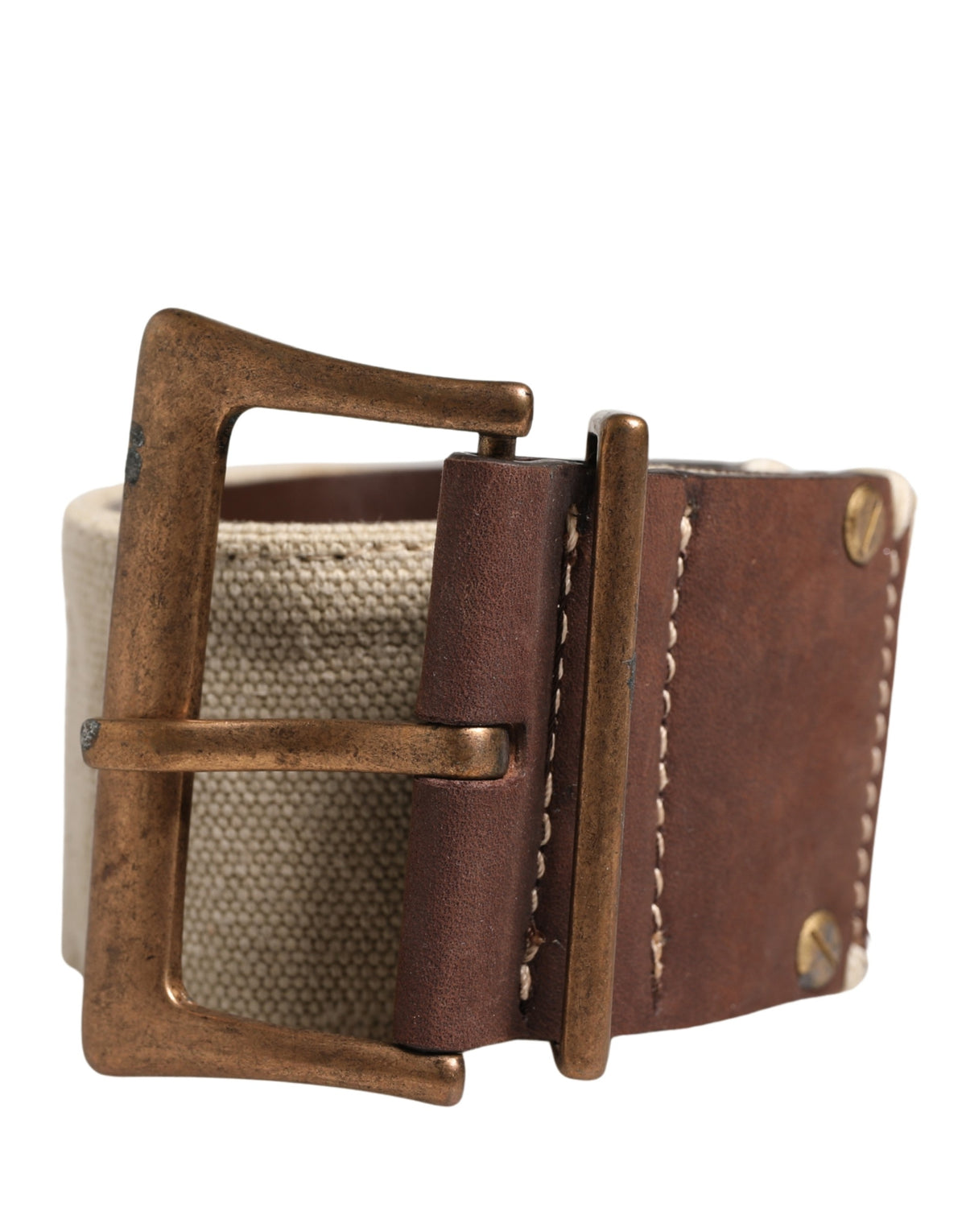 Ermanno Scervino Beige Brown Leather Canvas Metal Buckle Belt
