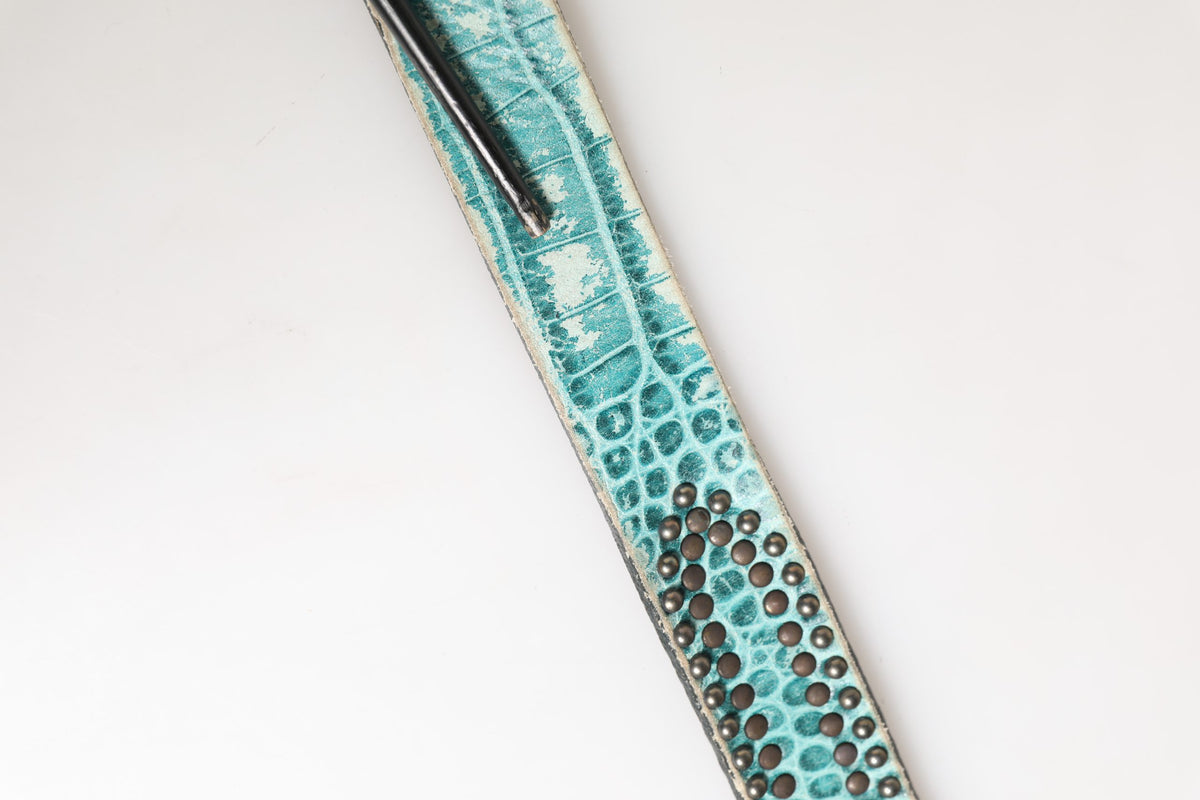 Scervino Street Women Green Leather Croco Print Studded Belt