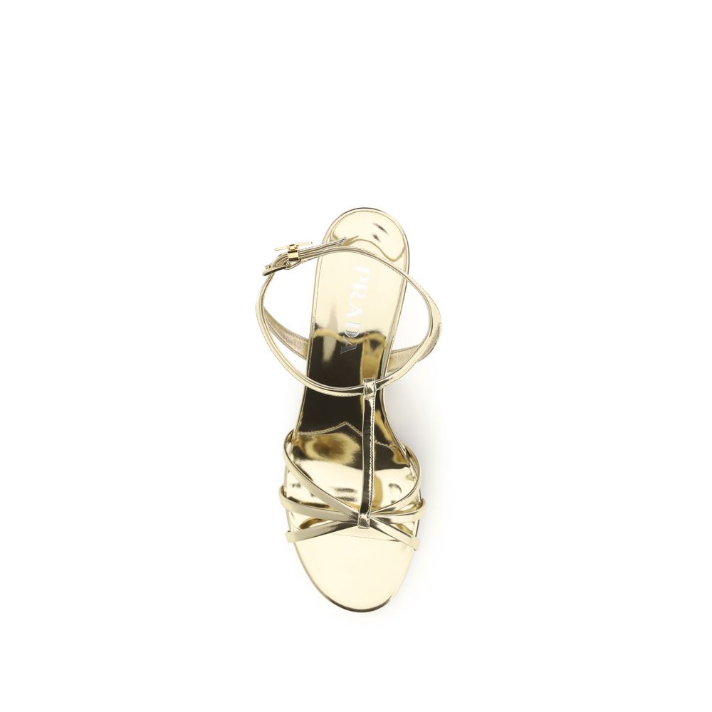 Prada Gold Leather Wedge Sandals