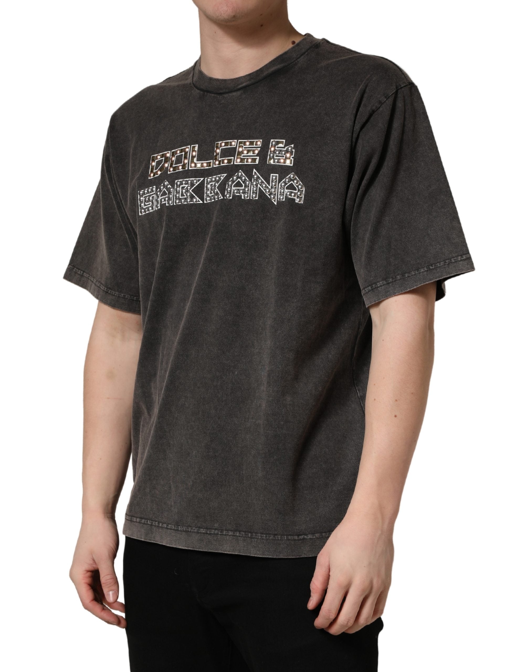Pre-Owned Dolce & Gabbana Gray Logo Embellished Men Crew Neck T-shirt
