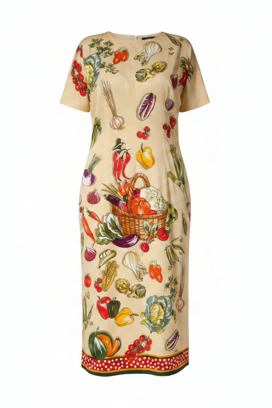 Dolce & Gabbana Beige Fruit PolkaDot Sheath Silk Midi Dress