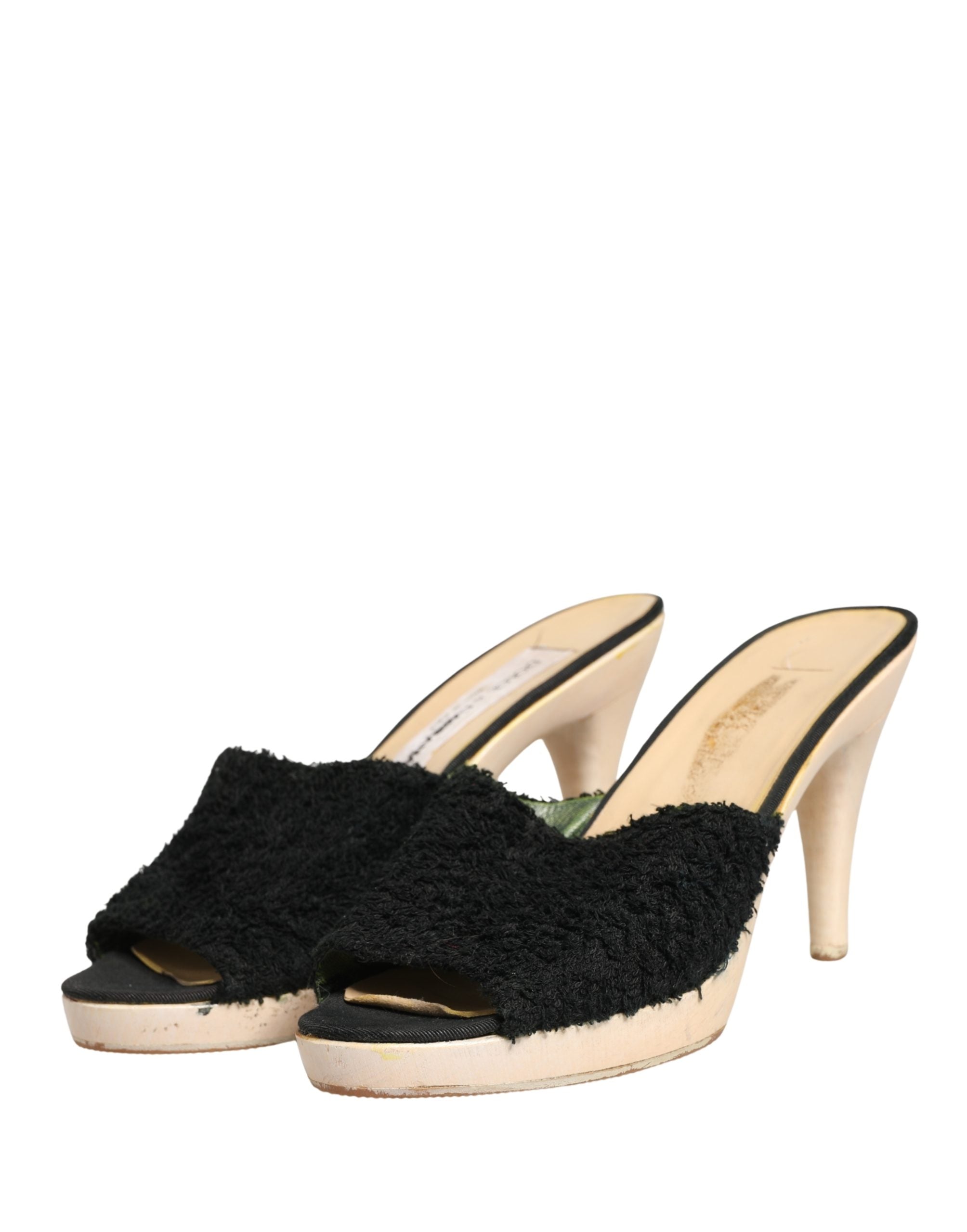 Dolce & Gabbana Black Fabric Fur Mule Wood Platform Heel Shoes