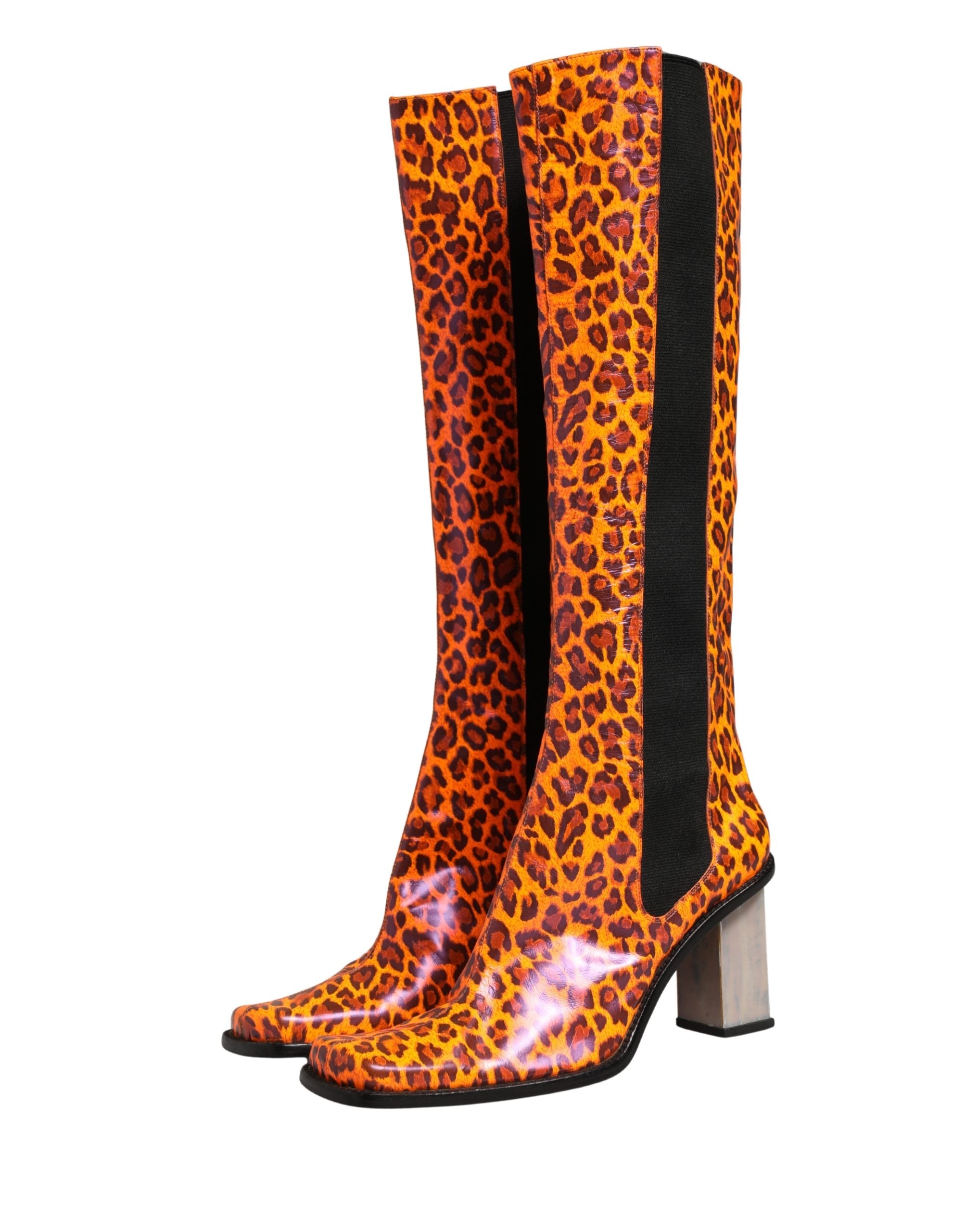 Dolce & Gabbana Brown Leopard Leather Knee High Boots Shoes