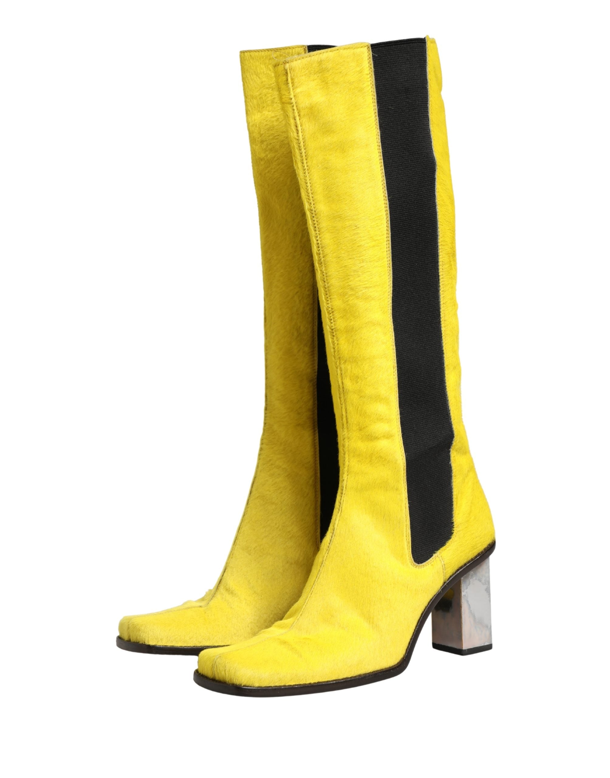 Dolce & Gabbana Yellow Black Leather Knee High Boots Shoes