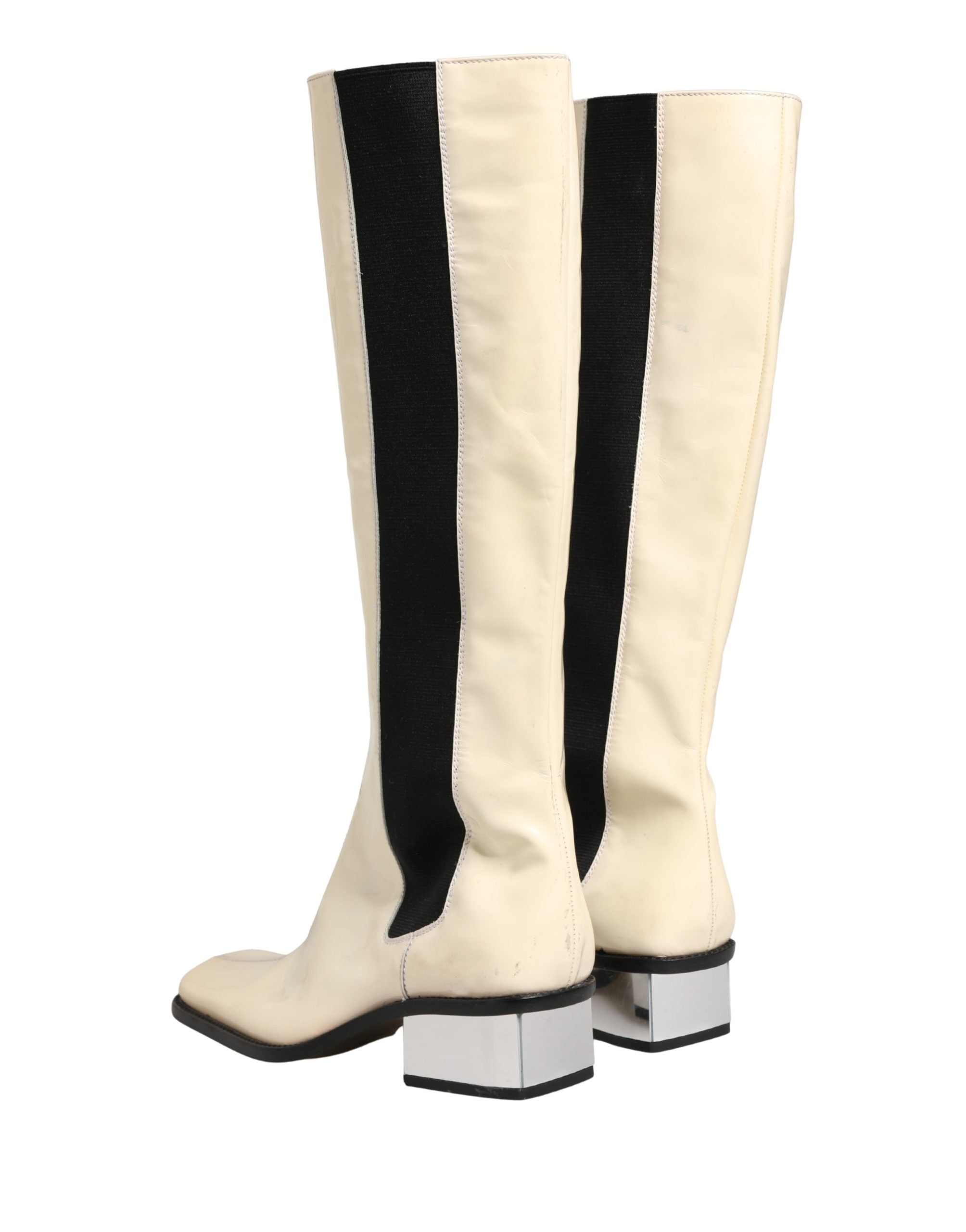 Dolce & Gabbana White Black Leather Knee High Boots Shoes