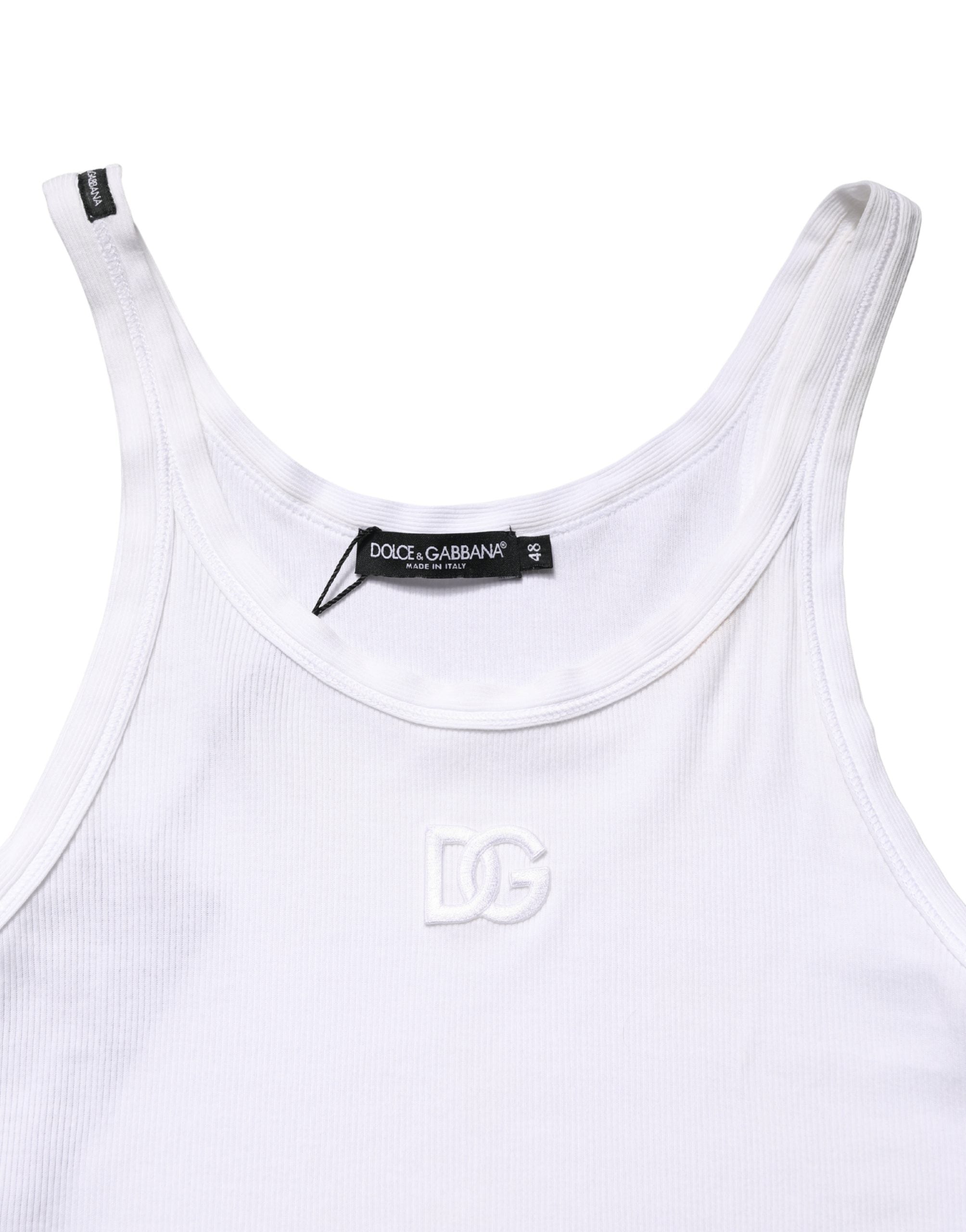 Dolce & Gabbana White Ribbed Cotton Sleeveless Tank  T-shirt